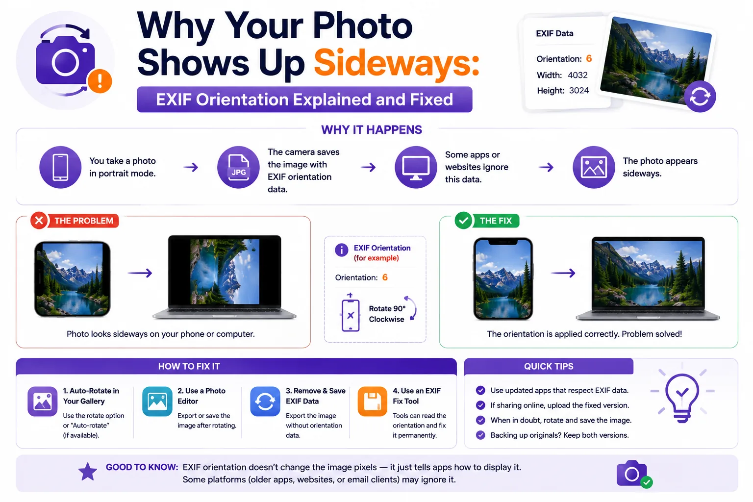 Featured image for Why Your Photo Shows Up Sideways: EXIF Orientation Explained and Fixed