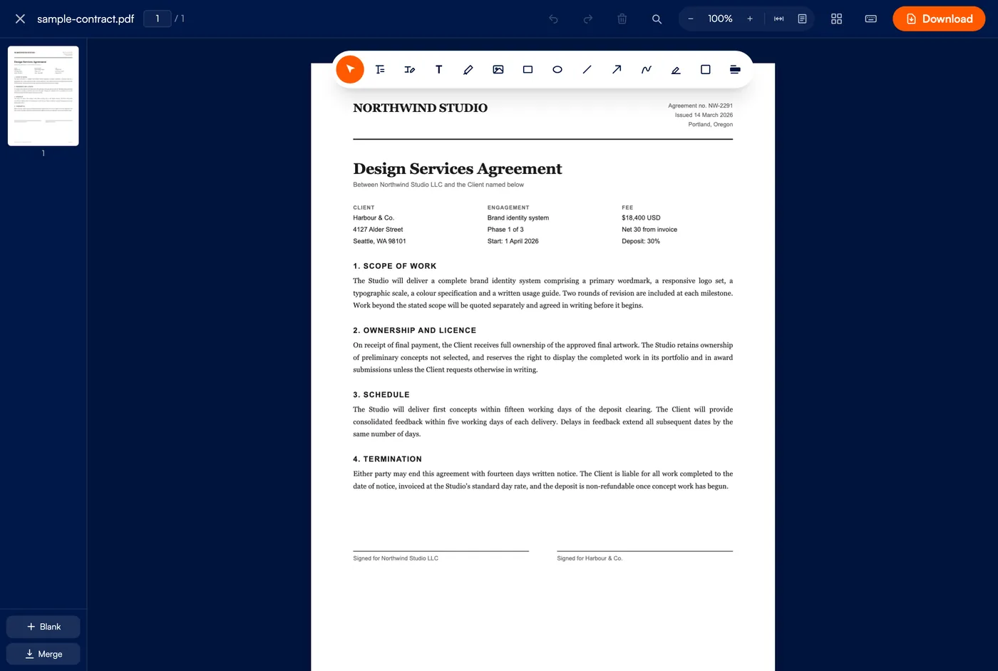 The PDF editor with a signed agreement open